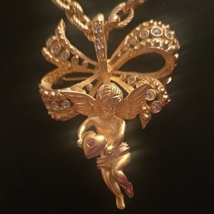 Gold Cherub Heart Pendant Necklace with Pink Stone Accent